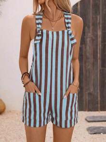 Linen Blend Women's Solid Color Dual Pocket Twist Knot Romper - Marrón 3 - Ver 4
