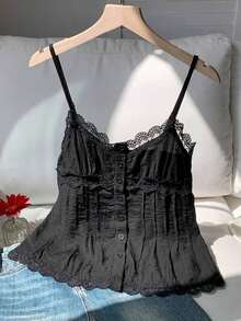 Top de Verano para Mujer con Diseño de Botones y Encaje en Color Sólido - Negro - Ver 6