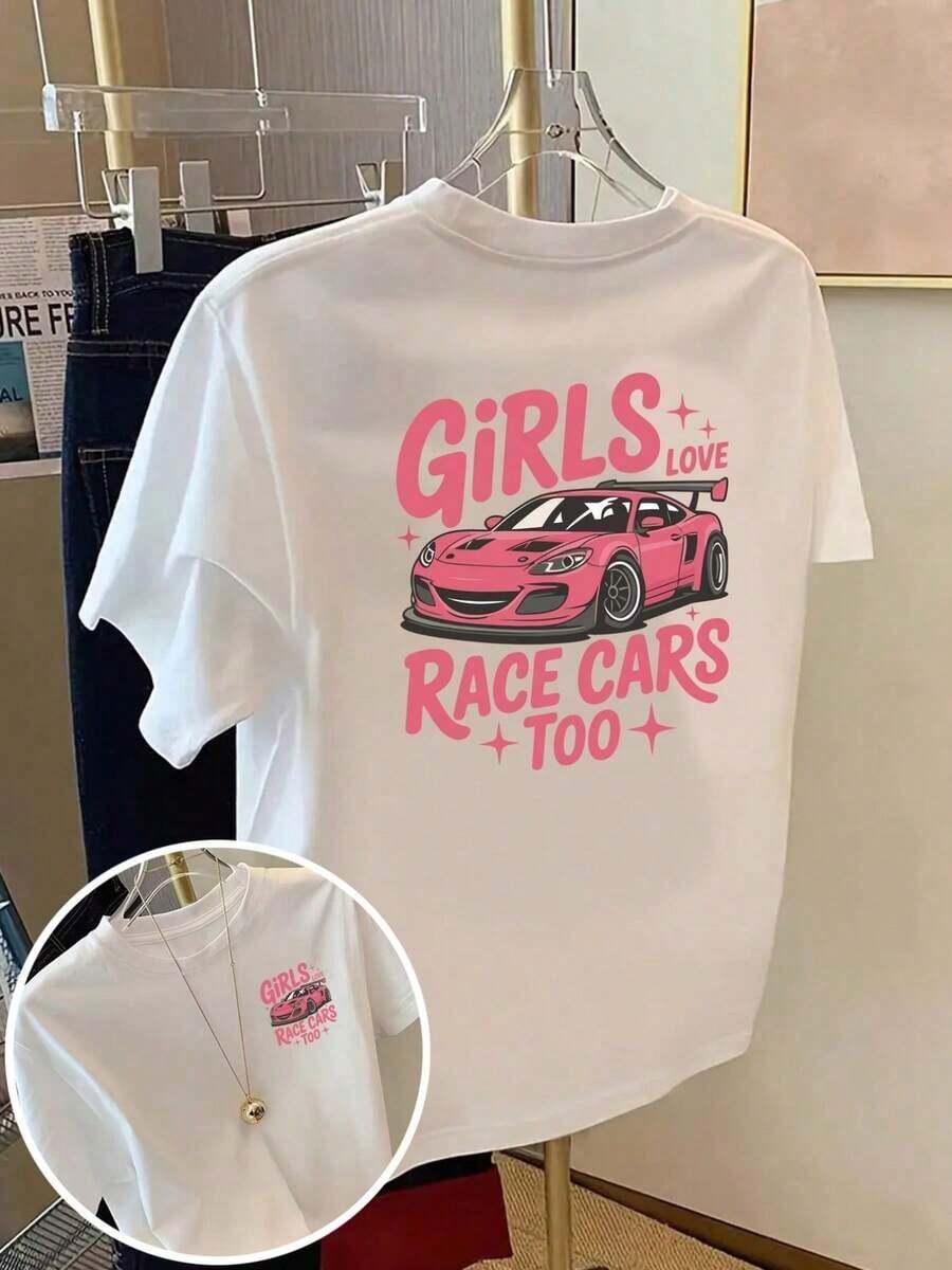 Premium Graphic T-Shirt With Front And Back Print, Short Sleeve Fashion, Summer Essential, For Racing Car Lover Girls, Pink Sports Car Print, Round Neck, Casual Top For Women - Women's Clothing, Comfortable Fit, Classic Design, Timeless Regular Cut - 白色 - 查看 1