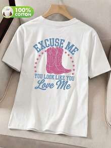 Vintage American Style Cowboy Boots In Purple And Red With A Red Star Print And A Short-Sleeved Crew Neck T-Shirt With A Graphic Print Of "EXCUSE ME / YOU LOOK LIKE YOU Love Me" In Light Blue And Pink, Suitable For Spring, Summer And Autumn, Summer Holiday Outfit - 彩色 - 查看 9
