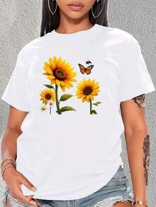 Soft And Breathable, This T-Shirt Is Made Entirely Of Pure Material, Suitable For All Seasons. It Features A Casual Design, Wicks Away Moisture, And Displays A Print Of Sunflowers, Butterflies, And Daisies. It Is Machine Washable And Has A Crew Neck With A Graphic Design. New Arrival. - 白色 - 查看 6