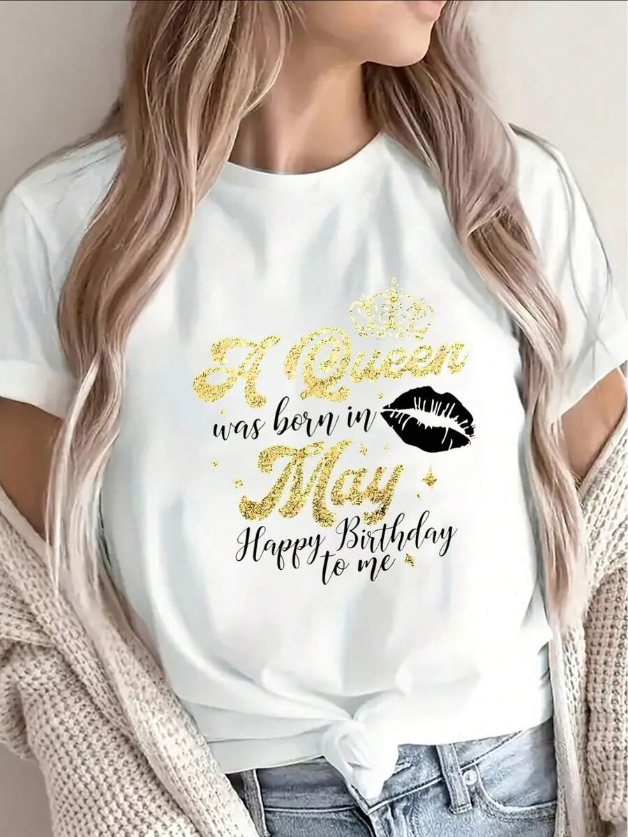 These Lightweight And Comfortable Short-Sleeved T-Shirts Make An Excellent Birthday Gift For Women Born In May, Perfect For Casual Outings Or Relaxing At Home. They're Suitable For Elegant Parties, Stylish Ladies, And Curvy Women. They're Also Great For Casual Wear, Keeping Cool And Sweat-Free In Summer, And Feature Fun Letter Prints. - 白色 - 查看 1
