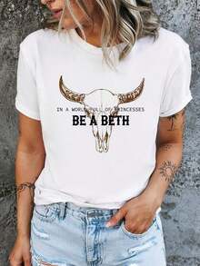 Camiseta de Mujer de Cuello Redondo con Estampado - Cabeza de Toro y Eslogan "Be A Beth In A World Full Of Princesses", Azul Marino, Lavable a Máquina, Top Casual para Todas las Temporadas, Camiseta de Mujer de Manga Corta, Camisetas de Mujer, Camiseta Gráfica, Camisetas Gráficas para Mujer, Camiseta de Verano, Camiseta Casual, Camisetas de Verano, Tops, Conjuntos de Verano para Mujer, Camiseta Casual de Manga Corta con Cuello Redondo Cómoda, blusas elegantes para dama. - Blanco - Ver 7