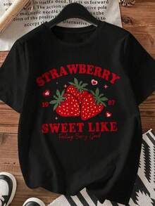 100% Algodón Premium 180g : Camiseta Y2K con diseño de fresas vibrantes en color negro hecha para los amantes de la moda retro perfecta para destacar tu estilo único y fresco ideal para cualquier ocación atrévete a ser diferente y lucir espectacular con esta prenda exclusiva. Ropa de Moda Casual Suave y Transpirable para Diario - Negro - Ver 6