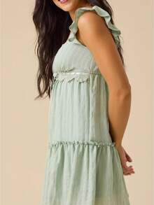 Womens Flutter Sleeve Lace Trim Mini Dress Ruched Spaghetti Strap A-Line Flowy - 薄荷綠 - 查看 1
