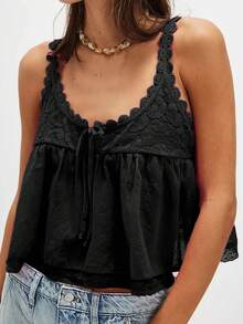 Women Sleeveless Ruffled Lace Trim Boho Spaghetti Crop Top Scoop Neck Flowy Button Down Front Tie Mesh Crop Tank Top - 黑色 - 查看 2