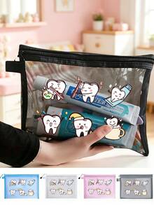 Summer Beach Mesh Bag Printed With Three Cute Teeth (Teeth Brushing Their Teeth), Multi-Functional Travel Toiletry Bag, Daily Skincare Bag, Cosmetic Storage Bag, Vacation Swimwear Storage, Dormitory Supplies. Suitable For Holidays, Bathrooms, School, Bedrooms, Hotels, Parties. Suitable Birthday Gift, Travel Souvenir, Graduation Gift, Teacher's Day Gift, Back-To-School Gift - Multicolor - View 3