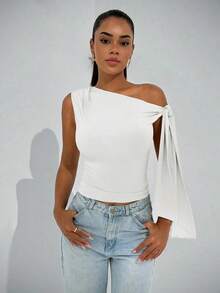 Elegante blusa de mujer con hombros asimétricos y cuello con lazo, adecuada para citas casuales, fiestas nocturnas, uso diario, otoño - Blanco - Ver 4