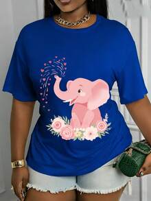 Women's Casual Summer T-Shirt, Women's Long Sleeve Casual T-Shirt, Designed With A Cute Elephant Print, Round Neck, Made Of Stretchy Fabric, Stylish, Comfortable And Suitable For Any Season, Perfect For Everyday Wear. - 黑色 - 查看 7