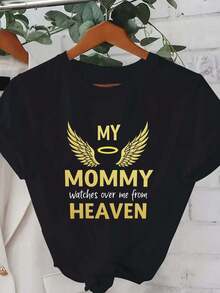 Women's Printed T-Shirt - Casual Short Sleeve Crew Neck T-Shirt In Black With Gold Angel Wings And Text Design. With A Relaxed Fit For All Seasons, The Perfect Choice For Everyday Wear Or Your Holiday Outfits (Machine Washable). - 黑色 - 查看 1