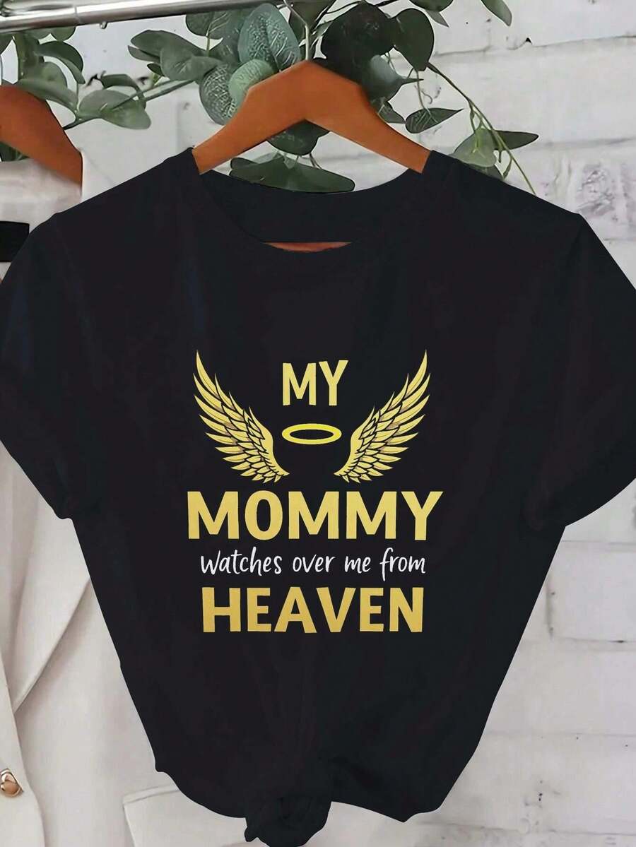 Women's Printed T-Shirt - Casual Short Sleeve Crew Neck T-Shirt In Black With Gold Angel Wings And Text Design. With A Relaxed Fit For All Seasons, The Perfect Choice For Everyday Wear Or Your Holiday Outfits (Machine Washable). - 黑色 - 查看 1