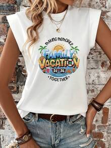 2026 Family Vacation Creating Memories Together Women's Casual Short Sleeve Round Neck Graphic Print Beach T-Shirt, Women's Clothing, Casual Printed Short Sleeve Round Neck T-Shirt, Spring/Summer Local Urban Fashion. - 白色 - 查看 7