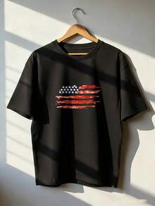 American Flag T-Shirt In Painted Style, Fashionable Short-Sleeve T-Shirt For Spring/Summer 2026, Made In Mexico, 180 Grams. Cartoon Print, Couple Design, Suitable For Indoor Or Outdoor Wear. Crew Neck, Unisex, Ideal For Office And Leisure. One-Pack. - BK-P631577SLNDXZGY613 - 查看 1