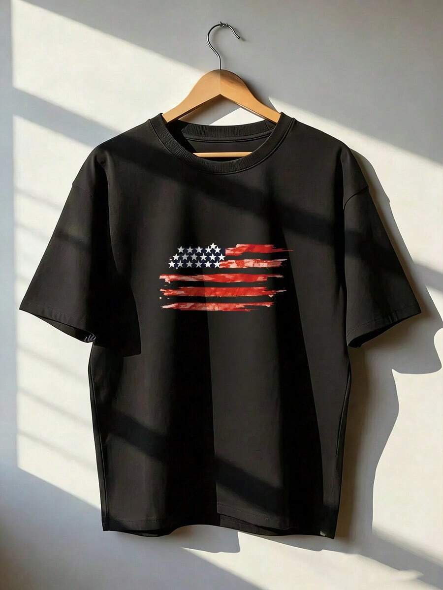 American Flag T-Shirt In Painted Style, Fashionable Short-Sleeve T-Shirt For Spring/Summer 2026, Made In Mexico, 180 Grams. Cartoon Print, Couple Design, Suitable For Indoor Or Outdoor Wear. Crew Neck, Unisex, Ideal For Office And Leisure. One-Pack. - BK-P631577SLNDXZGY613 - 查看 1