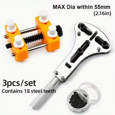 Bộ 3 món (gồm 18 răng thép) Dụng cụ sửa chữa đồng hồ, mở nắp lưng đồng hồ bằng thép, 4 loại răng, có thể điều chỉnh, kèm giá đỡ máy.