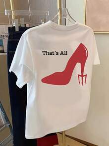 Camiseta de Verano Premium Estampada para Mujer [Doble Estampado en la Parte Delantera y Trasera] Camiseta de Manga Corta - ¡Eso es todo! Estampado Moderno de Tacones Altos Rojos - Camiseta Estampada de Moda para Mujer Primavera/Verano, Artículo de Moda - Blanco - Ver 3
