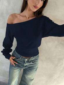 Top de manga larga asimétrico de hombro de punto de color albaricoque para mujer, otoño/invierno - Azul marino - Ver 6