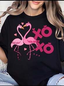 Women's T-Shirt, Flamingo Xoxo Love Couple T-Shirt, Romantic Valentine's Day Gift For Women, Black T-Shirt With Cute Pink Flamingo Heart Design - 黑色 - 查看 7