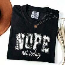 1 Piece [100% Pre-Washed Cotton] 'Nope Not Today' T-Shirt, Blue Floral Print, Loose Fit T-Shirt, Casual Letter Print Short Sleeve T-Shirt For Women - Vintage Urban Style, Unisex Loose Cotton Short Sleeve Crew Neck T-Shirt, Soft Summer Clothes For Women. - 黑色 - 查看 1