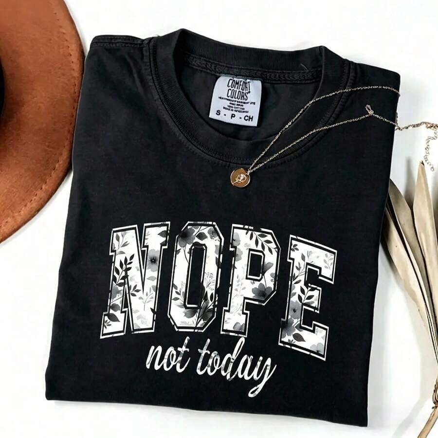 1 Piece [100% Pre-Washed Cotton] 'Nope Not Today' T-Shirt, Blue Floral Print, Loose Fit T-Shirt, Casual Letter Print Short Sleeve T-Shirt For Women - Vintage Urban Style, Unisex Loose Cotton Short Sleeve Crew Neck T-Shirt, Soft Summer Clothes For Women. - 黑色 - 查看 1