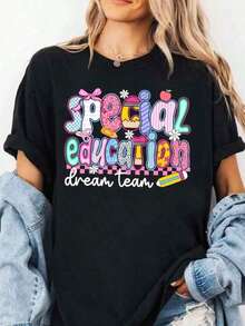 Estilo Y2K, estilo de moda, lo más nuevo de 2026, estilo lindo, estilo casual, blusas para mujer>ropa. 1 pieza Camiseta del Dream Team de Educación Especial, Escuadrón de Educación Especial, Camiseta de Maestro de Educación Especial, Camiseta de Educación Especial, Servicios de Salud, Camiseta de Algodón 100% de Manga Corta Sobredimensionada, Camiseta Gráfica Impresa, Top Casual de Manga Corta para Mujeres 180g 100% Algodón, Todos los patrones están impresos. Unisexo. 180g (Tallas S-XXXL) - Negro - Ver 7