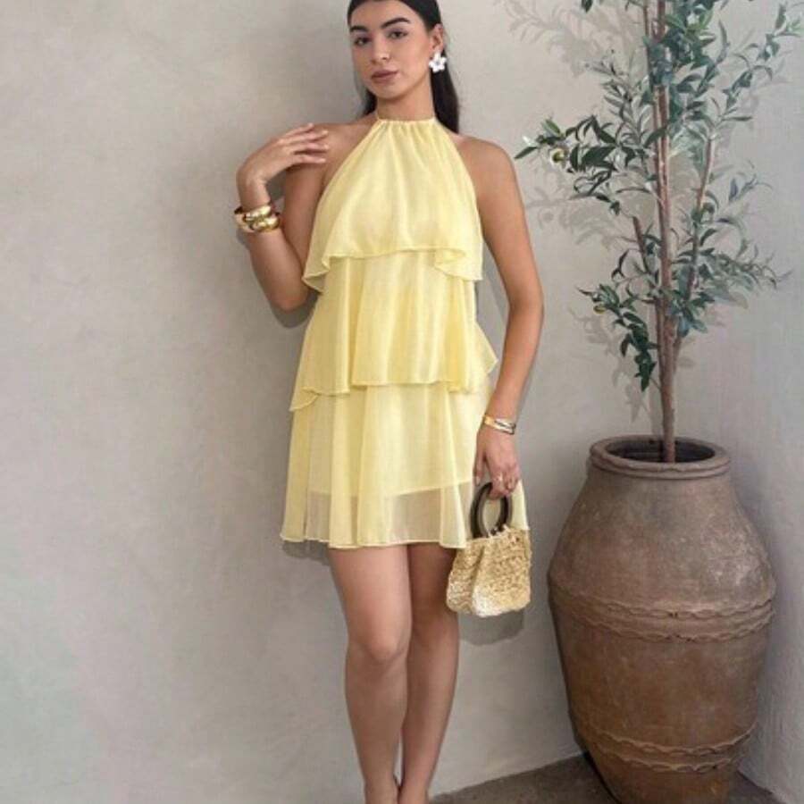 Vestido mini de gasa con hojas de loto en cascada de color rojo sólido, adecuado para citas diarias, salidas nocturnas, discotecas, fiestas, reuniones, fiestas de cóctel, fiestas en la piscina, ropa de vuelta al colegio, vestidos de temporada escolar, vestidos de vacaciones, faldas de tutú, ropa bohemia para mujer y fiestas - Amarillo - Ver 1