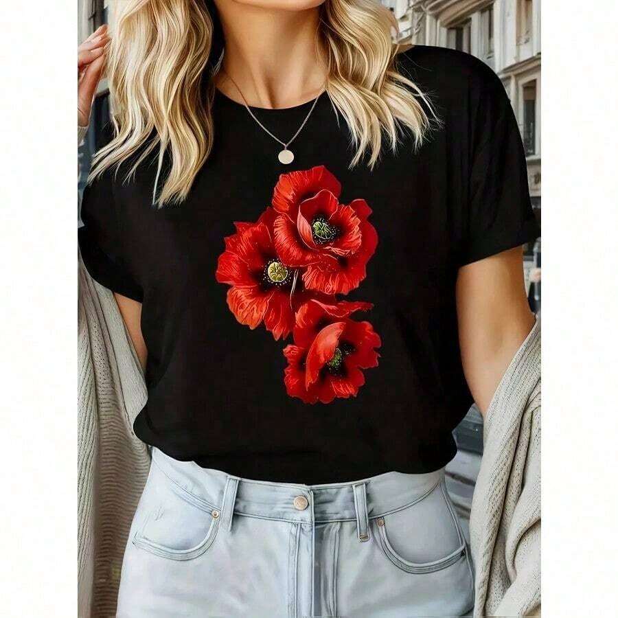 Limited Time Offer, Limited Quantity Available, Flash , Women's Shirts, Women's T-Shirts. A 's T-Shirt With A Vibrant Red Poppy And Green Leaf Design - Perfect For Casual Wear, With A Crew Neck And Short Sleeves - An Ideal Gift For Birthdays Or Valentine's Day. This Casual Short-Sleeve Crew Neck T-Shirt Is Made From A Knit Fabric Composed Of 95% Polyester And 5% Spandex, Has A Regular Length, Is Machine Washable, And Is A Versatile Garment For Any Season. - 黑色 - 查看 1