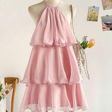 Vestido mini de verano con cuello halter, espalda descubierta y volante en el bajo, de color liso y sencillo para mujer - Rosa - Ver 2