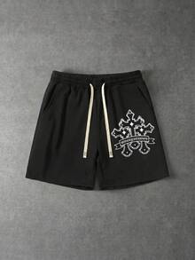 Retro Cross Logo Graffiti Loose Shorts, Subculture High Street Style Graphic Print Men Plus Size Shorts, New Arrival - Black - View 2
