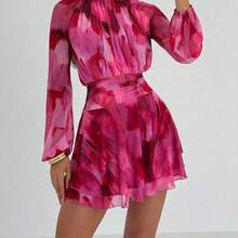 Vestido de manga larga ajustado con silueta de paraguas para mujer, nuevo para otoño/invierno, para uso casual/citas/salidas/maestras, vestido romántico con estampado de teñido anudado en púrpura y cuello alto con lazo en la cintura - Rosa vieja - Ver 4