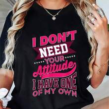 Wo'S Has A T-Shirt With An Interesting Slogan: Text In Striking Pink 'I Don't Need Your Attitude, I Have My Own' - Black T-Shirt With Stars, Soft For Everyday Women's Wear. - 黑色 - 查看 5
