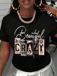 1 Piece Of Printed T-Shirt With Floral Design And Wood Texture In Black, Casual Women's Clothing, Ideal For Daily Wear And Outings, 180g, 100% Cotton. - 黑色 - 查看 6