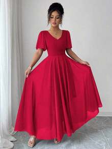 estido de mujer minimalista, elegante, romántico y sofisticado con cuello en V, cintura ceñida y mangas con volantes en forma de línea A - Rojo - Ver 1