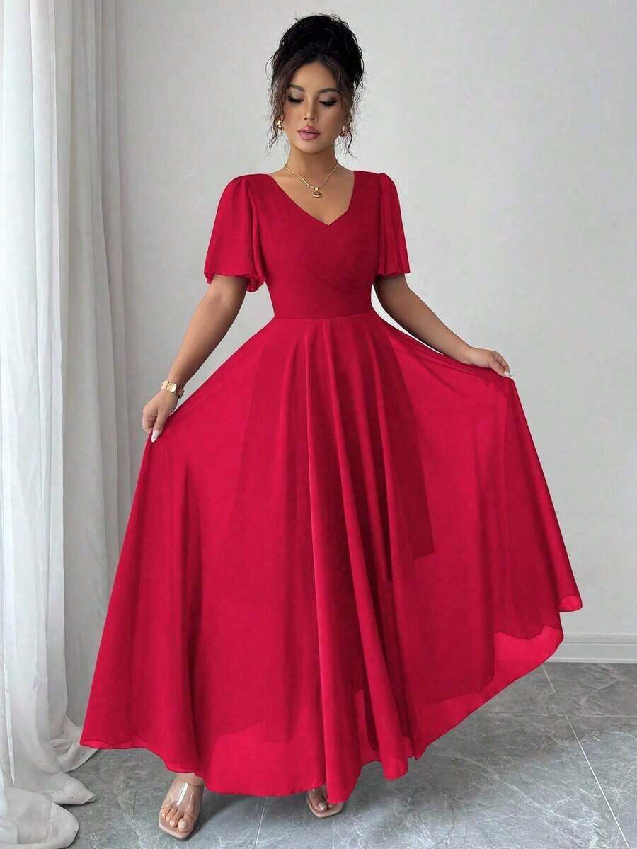 estido de mujer minimalista, elegante, romántico y sofisticado con cuello en V, cintura ceñida y mangas con volantes en forma de línea A - Rojo - Ver 1