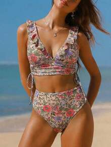 Conjunto de camiseta de tirantes y bikini con estampado floral ditsy para mujer, ideal para vacaciones románticas en la playa, nuevas llegadas de moda primavera/verano 2026: estilos de Año Nuevo, estilos de San Valentín, estilos de vuelta al col - Multicolor - Ver 3