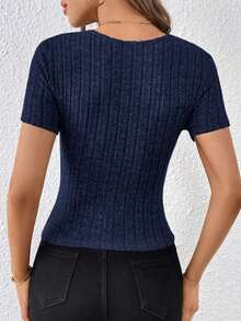 Camiseta de cuello cruzado tejido de canalé - Azul marino - Ver 2