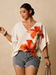 Blusa holgada con estampado floral para mujer de talla grande - Naranja - Ver 4