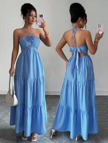 Vestido de playa largo a rayas con decoración de flores 3D para mujeres, Verano 2025 - Azul y blanco - Ver 4