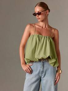 Top de camisola fruncido estilo bohemio con bajo abombado y tirantes ajustables para un estilo casual de verano - Verde - Ver 3