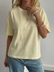 Blusa básica de manga corta, cuello redondo, corte holgado, para mujer, otoño/invierno - Amarillo - Ver 3