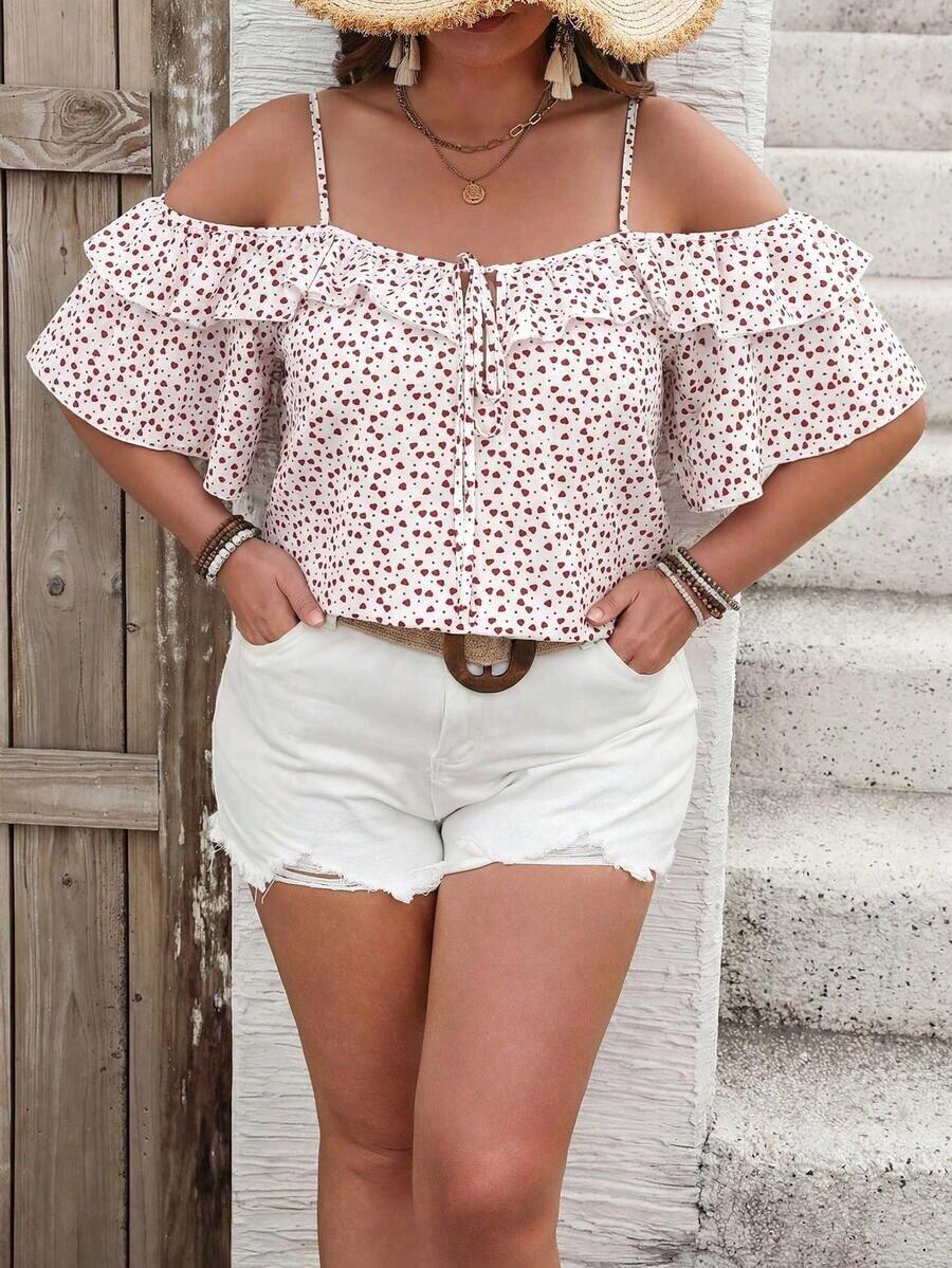 Camiseta romántica con volantes y escote descubierto de corazoncitos para vacaciones, talla grande.Ideal para fiesta casual, picnic o San Valentín. - Blanco - Ver 1