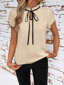 Camisa de mujer de manga corta, con lazo, volantes, a cuadros, elegante y casual para vacaciones y picnic, primavera/verano - Albaricoque - Ver 3