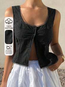 Cárdigan corto sin mangas con textura y rayas de estilo bohemio casual para mujer, adecuado para primavera, verano, playa y uso diario - Negro - Ver 7