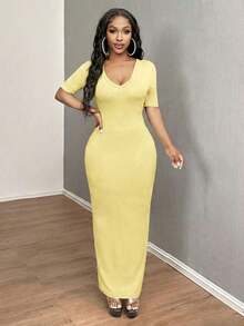 Vestido ajustado corto de manga corta con cuello en V liso para baile de graduación - Amarillo claro - Ver 6