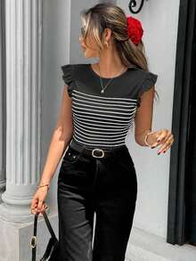 Camisola sin espalda de manga corta con estilo de calle francés de primavera/verano para mujeres - Negro - Ver 5