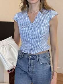 Blusa de mujer con cuello en V, botones y ribete de volantes con estampado francés - Azul - Ver 2