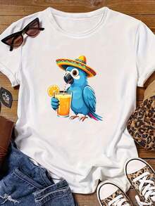 Women's Printed T-Shirt With A Blue Parrot Wearing A Mexican Hat And Holding An Orange Juice, White Crew Neck Shirt, Short Sleeves, Suitable For All Seasons, Machine Washable, Ideal For Mixing And Matching On The Street, Everyday Wear, Casual Gatherings - 白色 - 查看 2