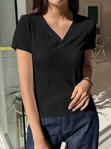 Camiseta con botones hasta la mitad, Tops cortos para mujer - Negro - Ver 2