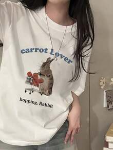 Limited Time Offer, Limited Quantity Available, Lightning , Women's Shirts, Women's T-Shirts, Casual Daily New Release, 1pc Y2K Blue Letter Rabbit Pattern Printed Short Sleeve T-Shirt For Women, New Summer Fashion Versatile Loose Round Neck Y2K Top Graphic Tees - 白色 - 查看 2