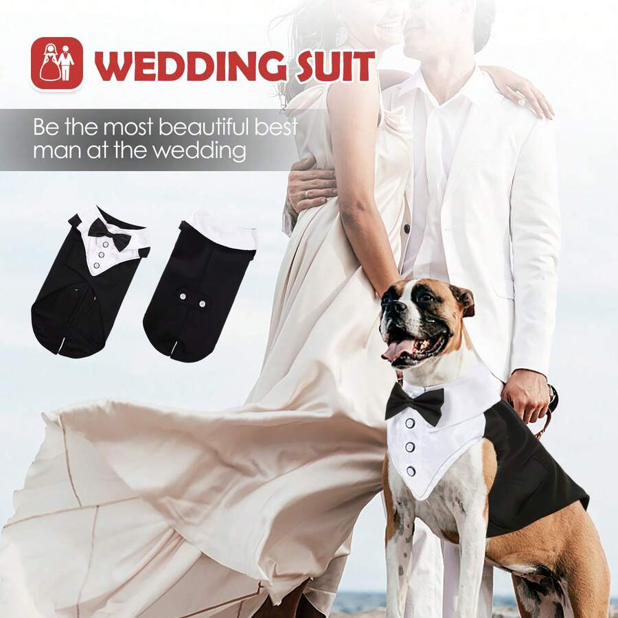 Colete de Esmoquim Preto para Cachorro com Gravata Borboleta, Terno Formal para Festa de Casamento para Cachorros Pequenos/Médios